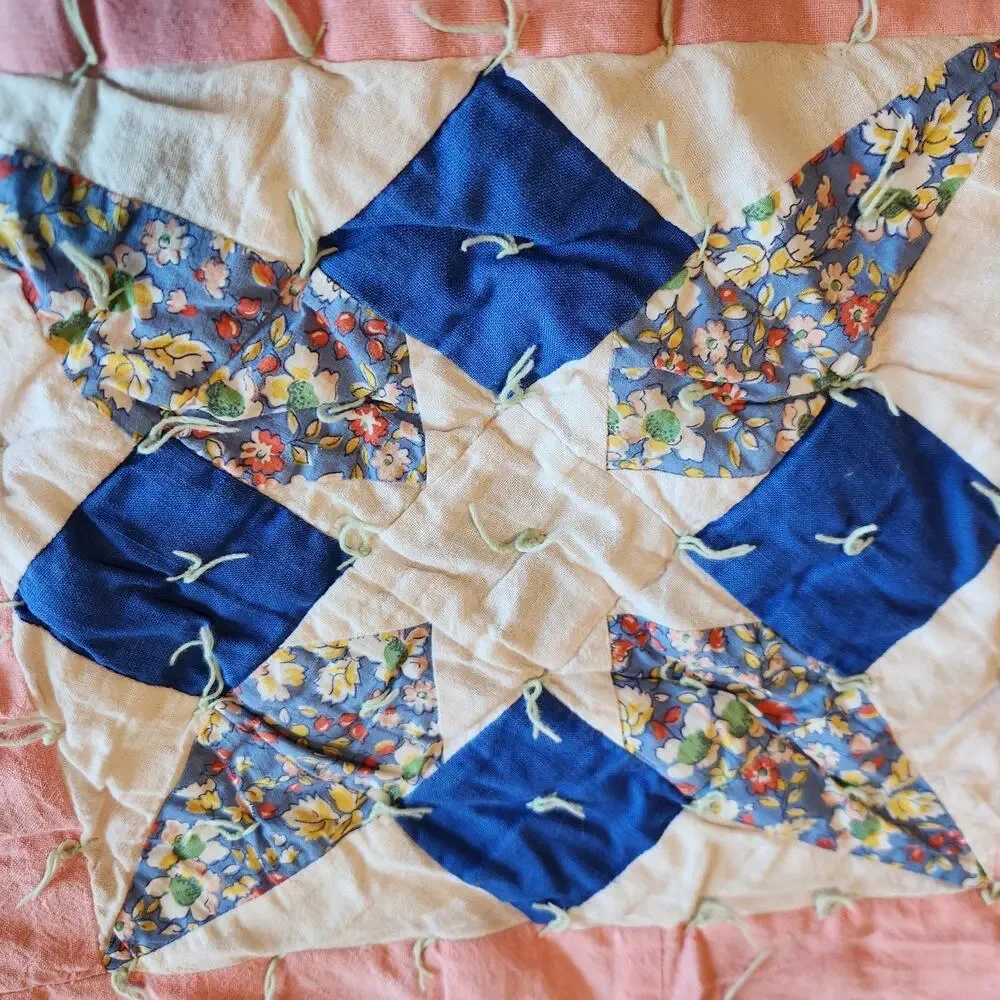 Ohio Star 1940s Feedsack Scrappy Quilt Hand Tied Vintage Folk Art Depression Era